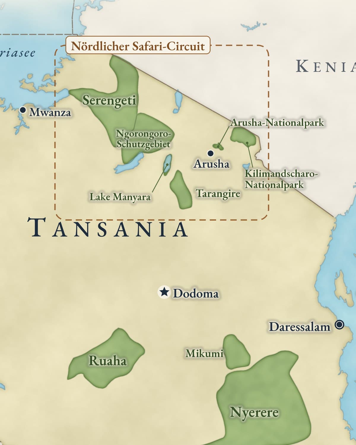 Karte der Nationalparks in Tansania: Serengeti, Ngorongoro-Schutzgebiet, Tarangire, Lake Manyara, Arusha- und Kilimandscharo-Nationalpark im Norden, Nyerere, Ruaha und Mikumi im Süden, Gombe, Mahale und Katavi im Westen