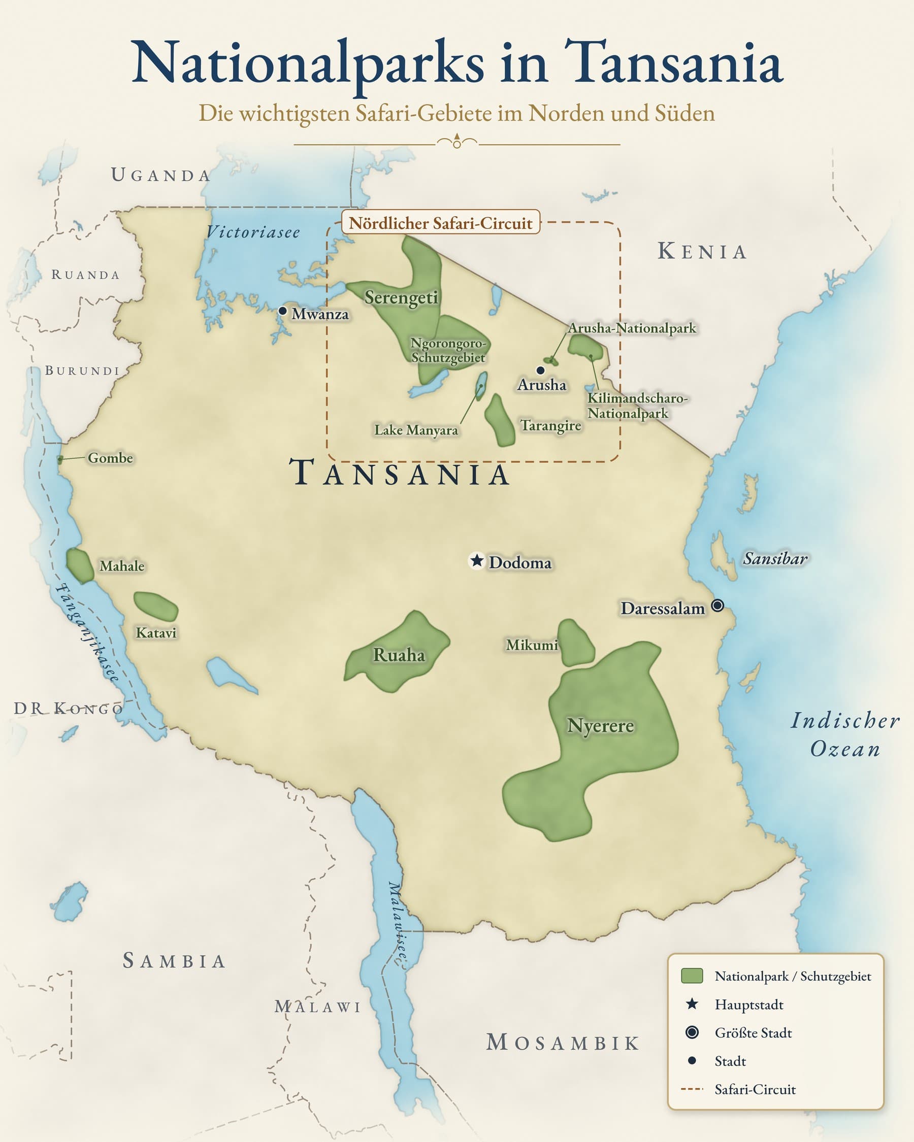 Karte der Nationalparks in Tansania: Serengeti, Ngorongoro-Schutzgebiet, Tarangire, Lake Manyara, Arusha- und Kilimandscharo-Nationalpark im Norden, Nyerere, Ruaha und Mikumi im Süden, Gombe, Mahale und Katavi im Westen