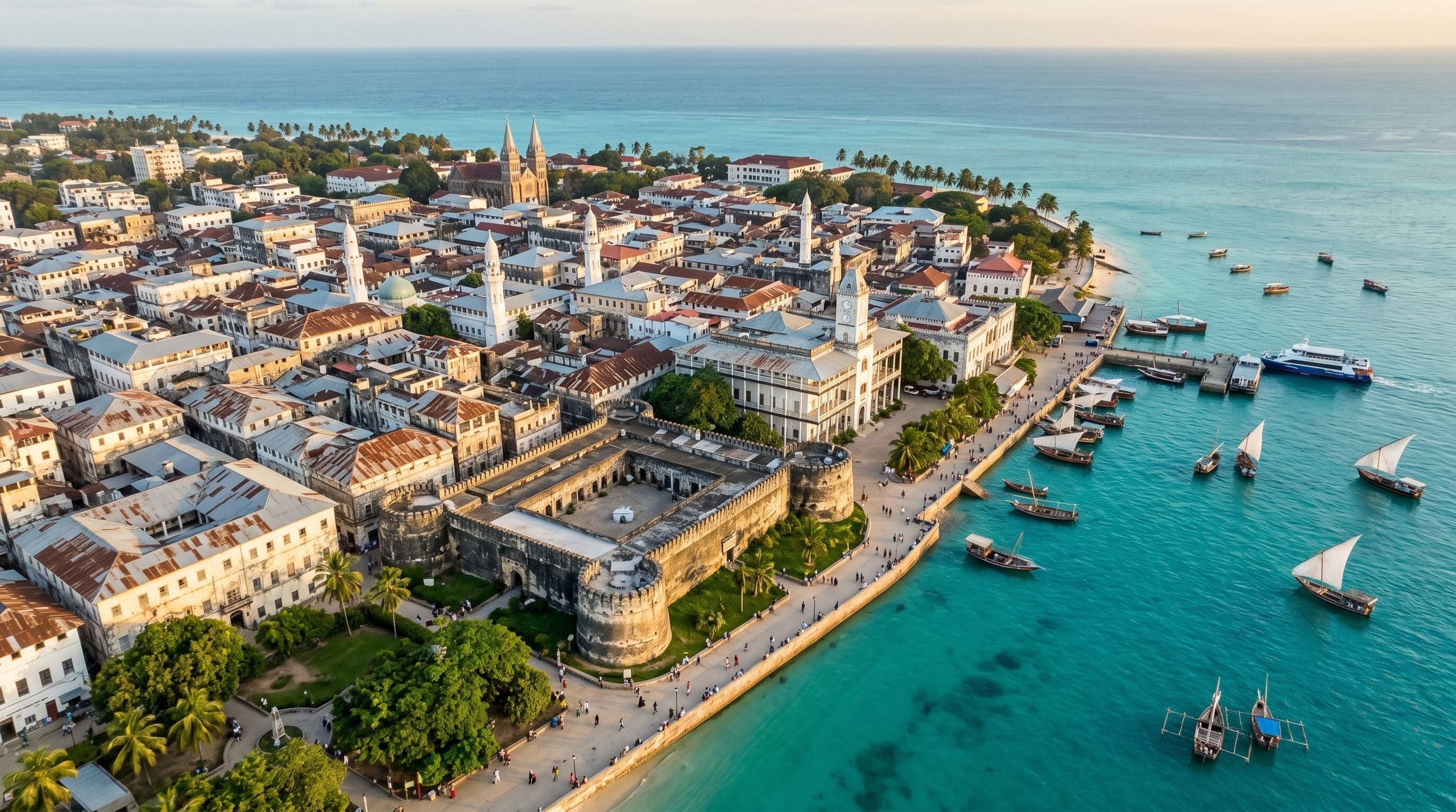Luftaufnahme der historischen Küste von Stone Town auf Sansibar mit Altem Fort und Dhaus auf türkisem Wasser