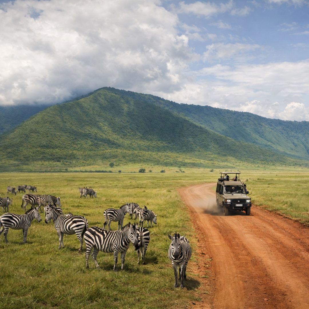 Zebras auf dem Kraterboden des Ngorongoro mit Safarifahrzeug und Kraterwand