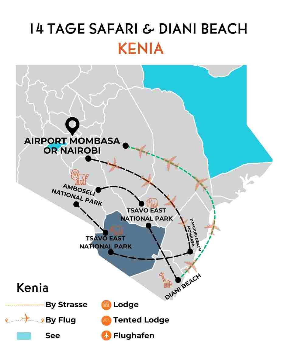 Karte der 14-tägigen Safari-Route durch Kenia – Von Nairobi über Massai Mara nach Diani Beach.