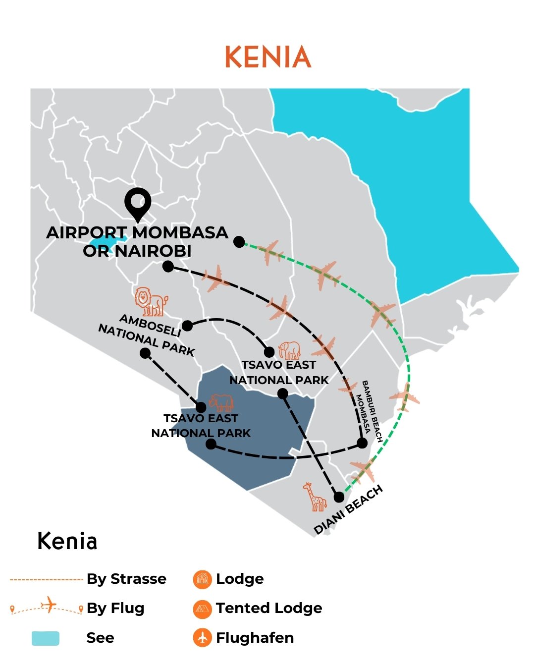 Karte der 13-tägigen Safari-Route durch Kenia & Tansania.