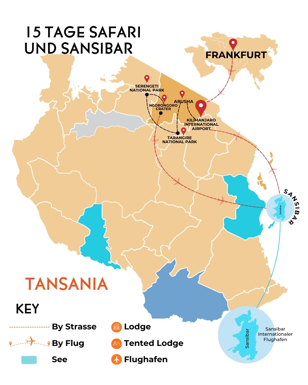 Karte der 13-tägigen Safari-Route durch Tansania – Die Reiseziele und Sehenswürdigkeiten von Kilimanjaro bis Sansibar.