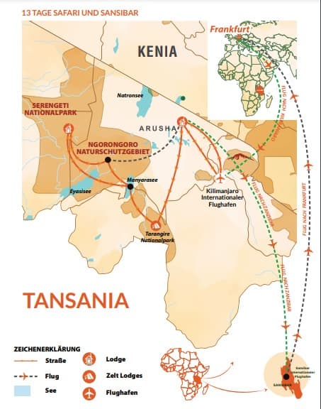 Karte der 13-tägigen Safari-Route durch Tansania – Die Reiseziele und Sehenswürdigkeiten von Kilimanjaro bis Sansibar.
